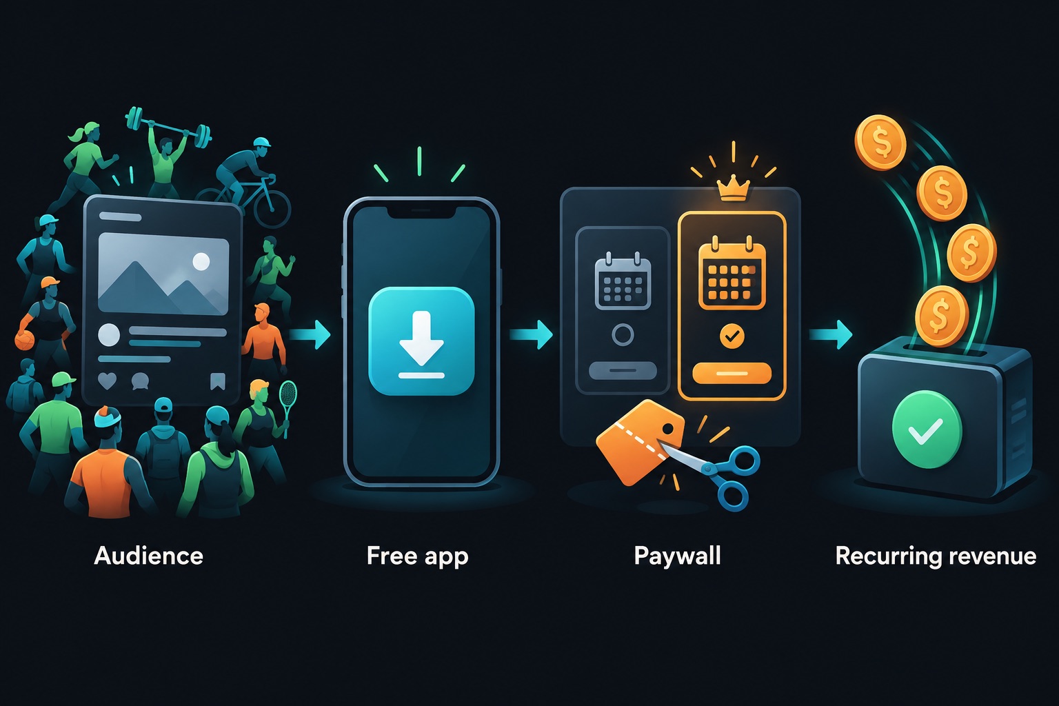 How the 3AK Track app makes money: an existing athlete audience, a free app download, a paywall with a cheaper yearly plan, and recurring subscription revenue