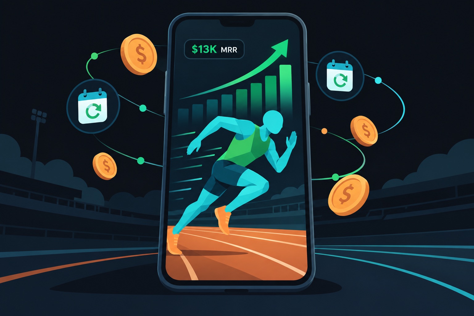 3AK Track app revenue illustration: a faceless sprinter on a phone screen with a rising revenue chart, coins and renewal calendars showing $13K MRR