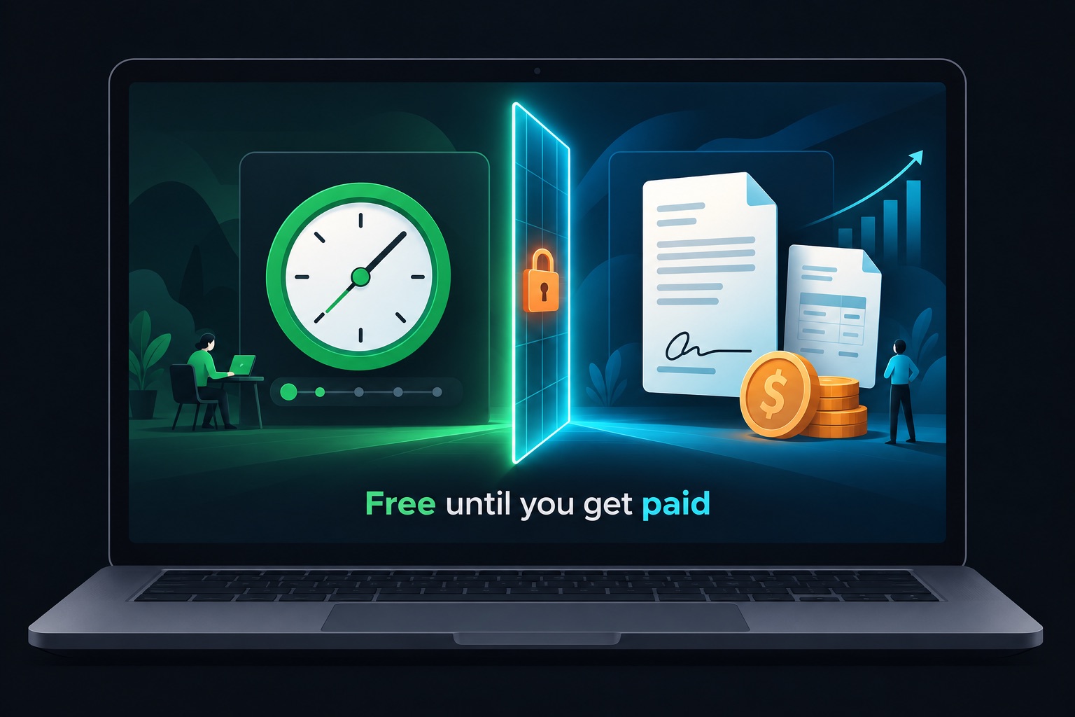 Vibe coded SaaS pricing illustration: a freelancer dashboard where time tracking is free and contracts, invoices and payments sit behind a paywall