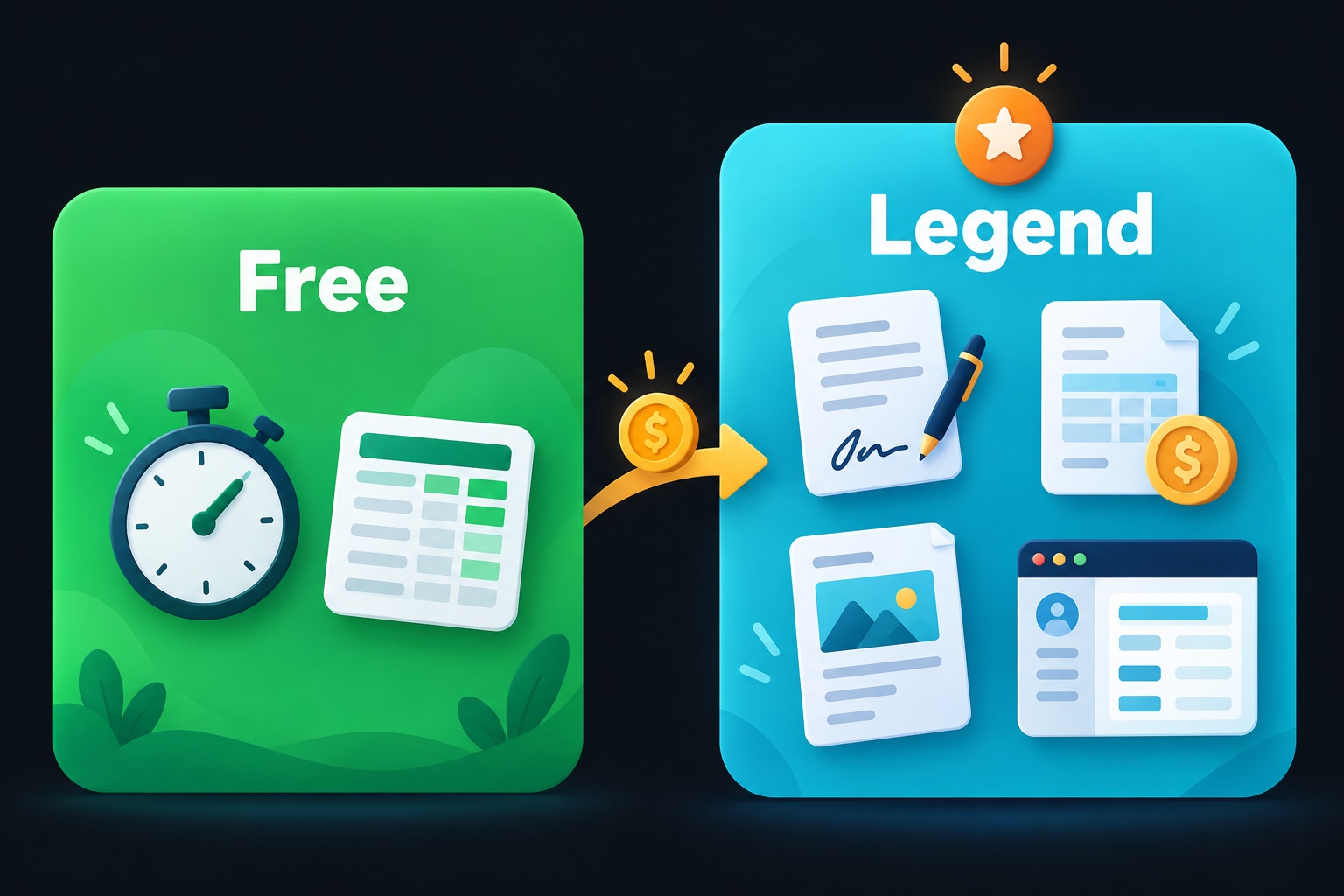 Accordio pricing tiers compared: the Free plan covers time tracking and timesheets, the Legend plan adds contracts, invoices, proposals and a client portal