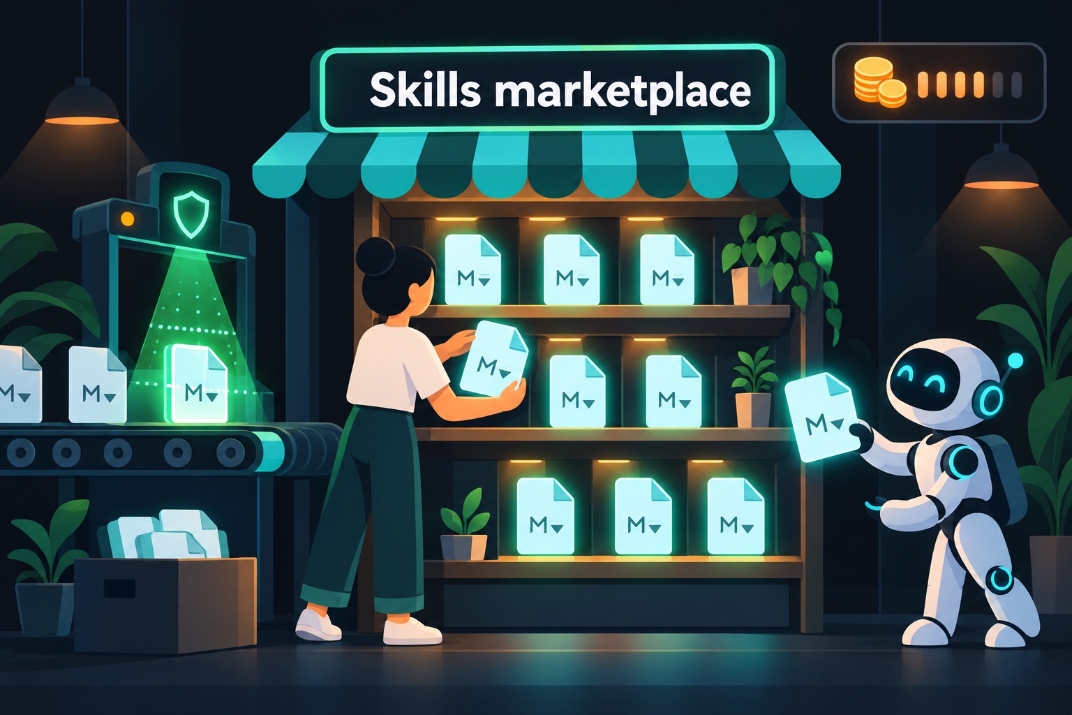 Non-developer built with Claude Code illustration: a skills marketplace storefront of document files, scanned by a security gate and picked up by an AI agent