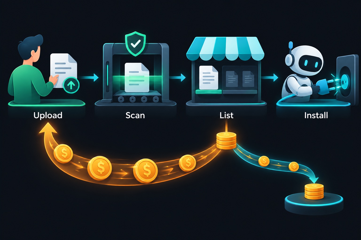 How a skills marketplace works: a creator uploads a skill, it is scanned, listed, and installed by an AI agent, with most of the money flowing back to the creator