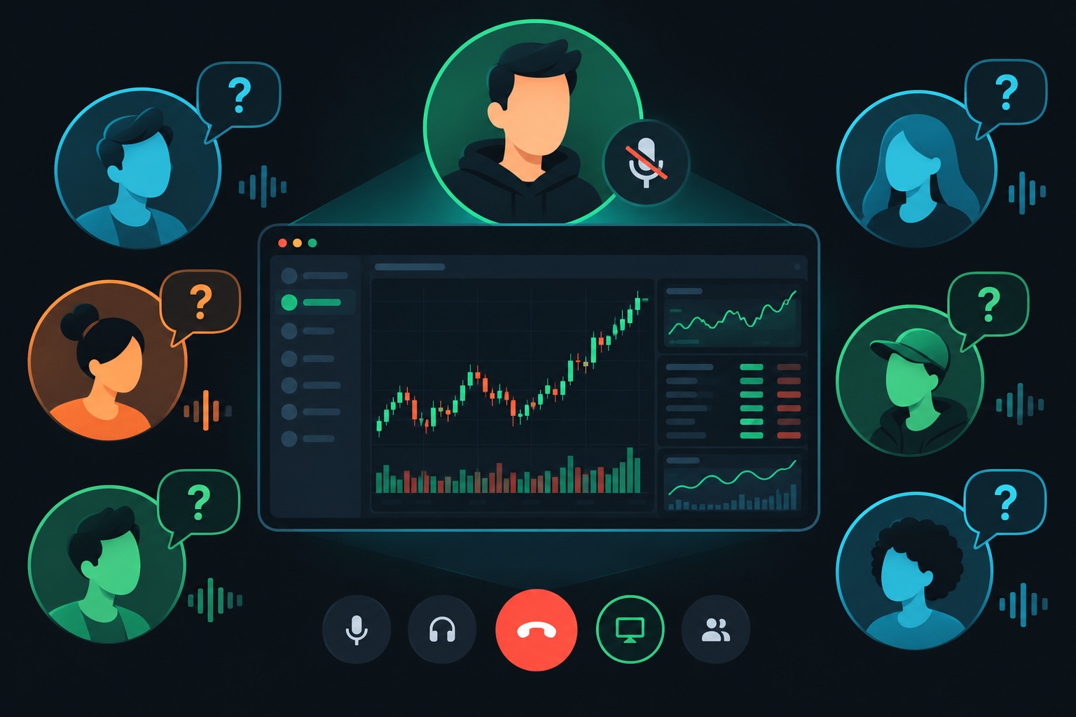 How to get first SaaS users on Discord: a muted founder screen-sharing a research dashboard in a voice channel while curious avatars ask what tool it is