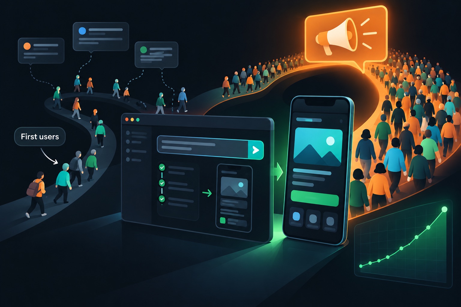 How to get first users for a vibe coded app: a browser AI app builder and phone preview, with a trickle of users from forum threads and a large wave from one influencer post