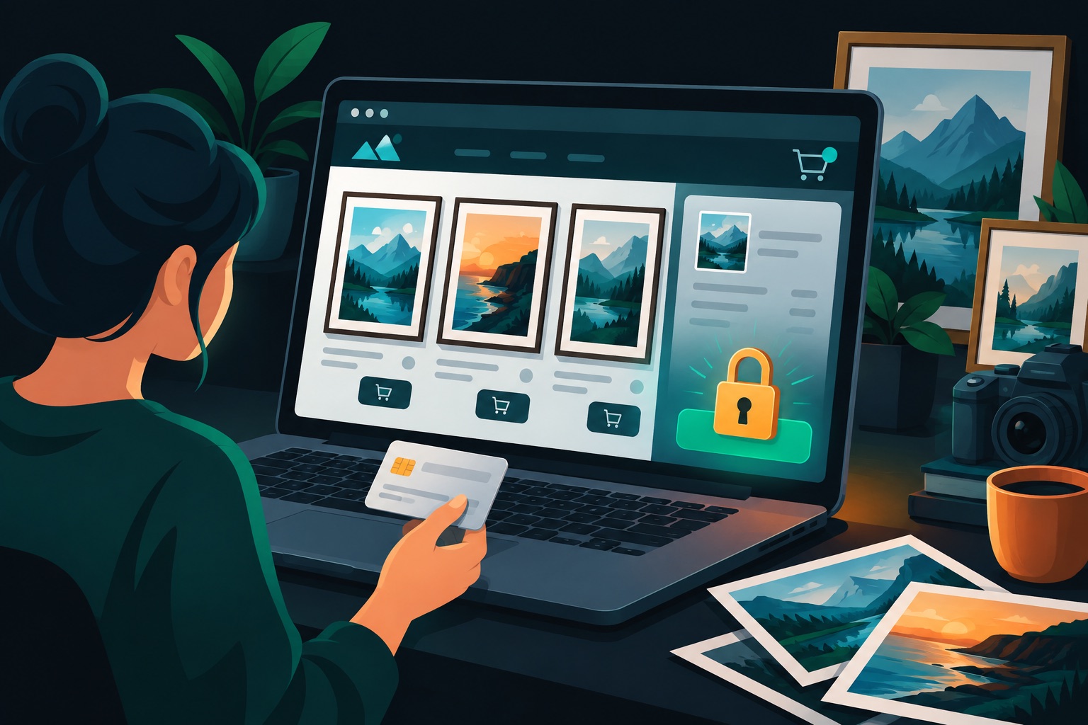 Vibe coded online store security illustration: a small photo print shop on a laptop screen with framed prints, a payment card and a padlock guarding the checkout