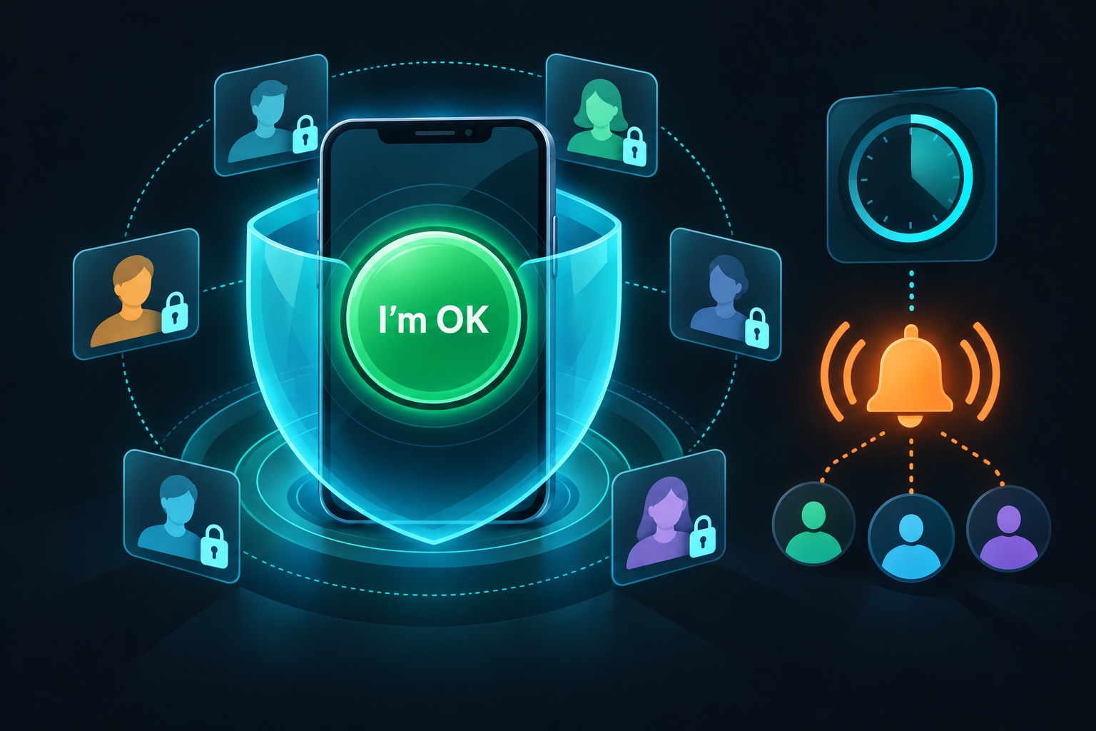 Dead man's switch app security illustration: a phone with an I'm OK check-in button under a shield, surrounded by locked contact cards and a timer that triggers an alert