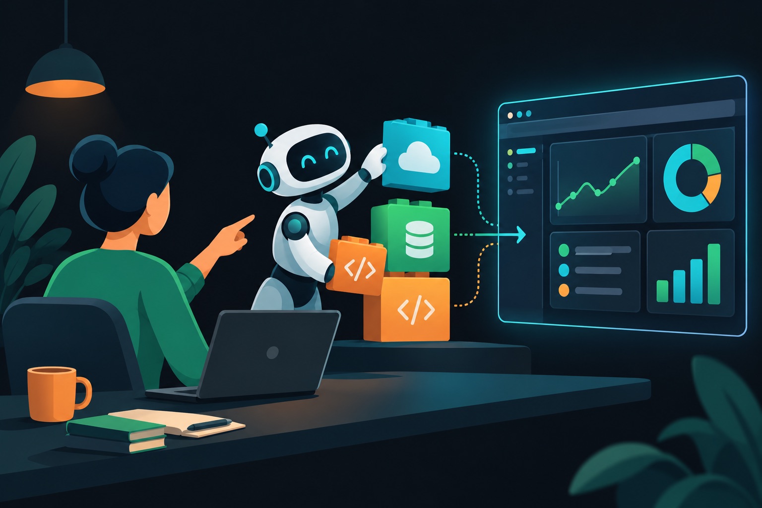 Claude Code SaaS stack illustration: a single builder at a desk directing an AI agent that connects to database, hosting and code blocks stacked into a finished SaaS dashboard