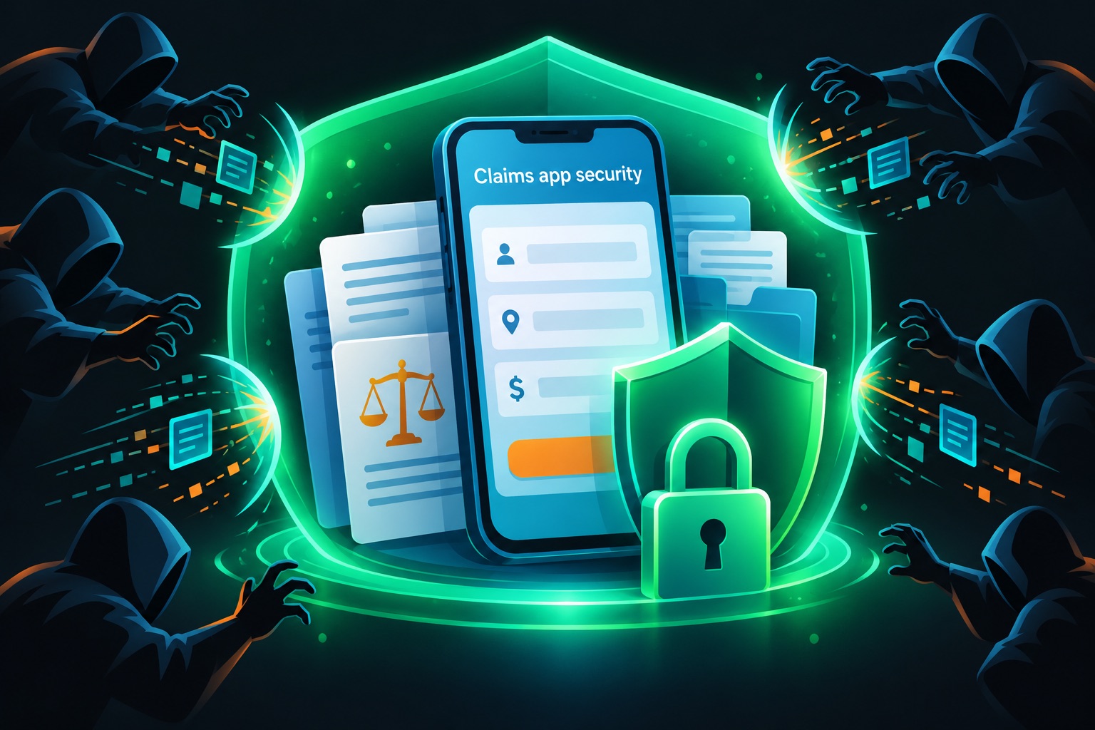 Claims app security checklist illustration: a phone with a claim form for name, address and payout, guarded by a shield and padlock against faceless attackers