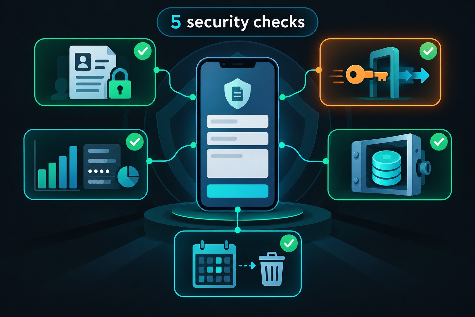 The 5 claims app security checks around one phone: record ownership, webhook secret, clean analytics, secure token storage and data retention