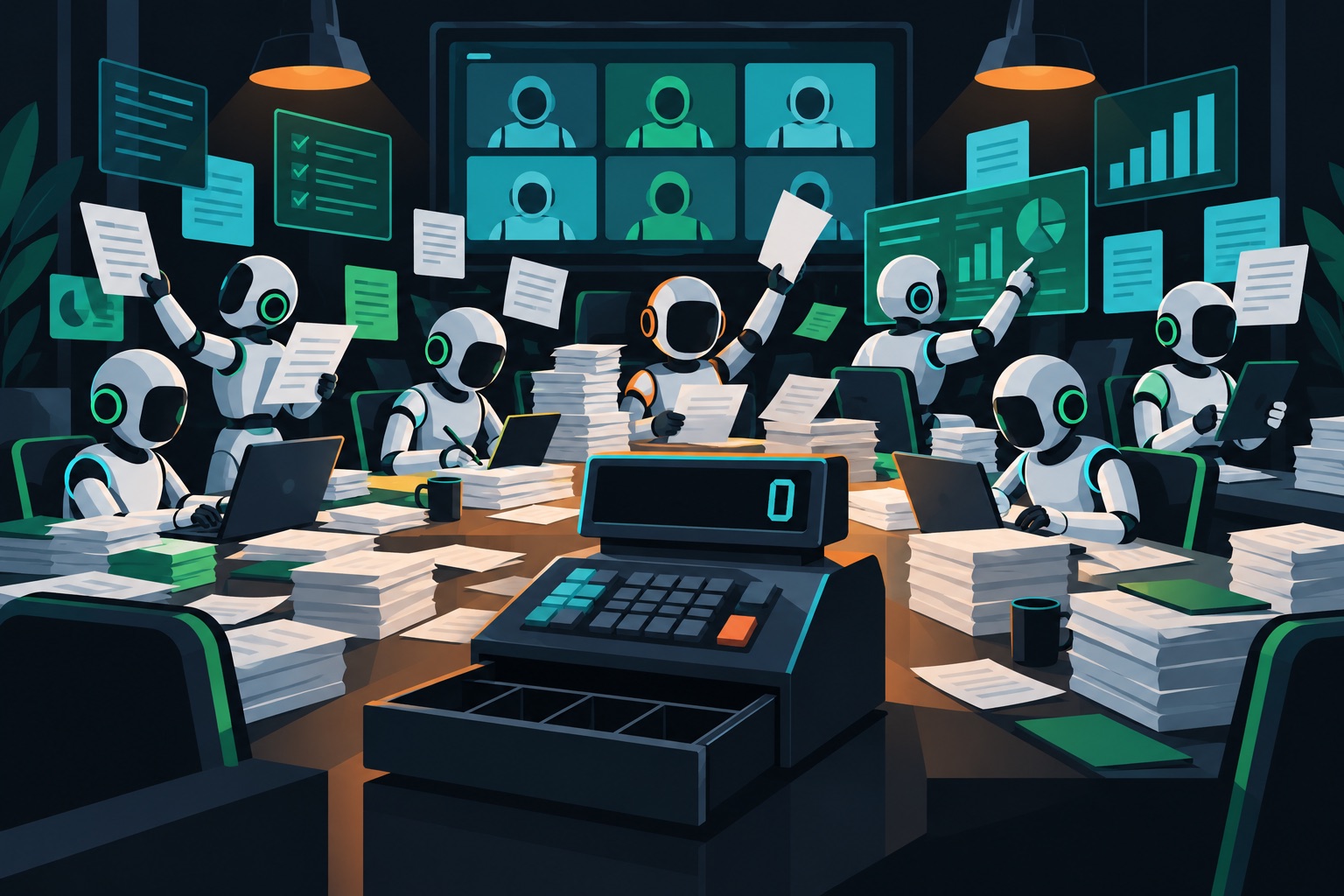 Claude Code agents autonomous business illustration: seven faceless robot workers around a boardroom table producing piles of content while an empty cash register reads $0