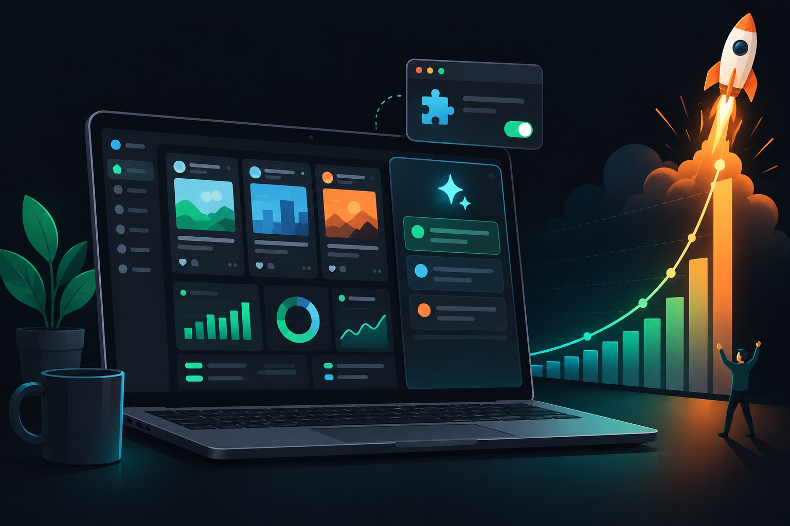 Vibe coded app revenue Cursor illustration: a social post analytics dashboard with an AI coach panel and a browser extension, next to a launch-day revenue spike