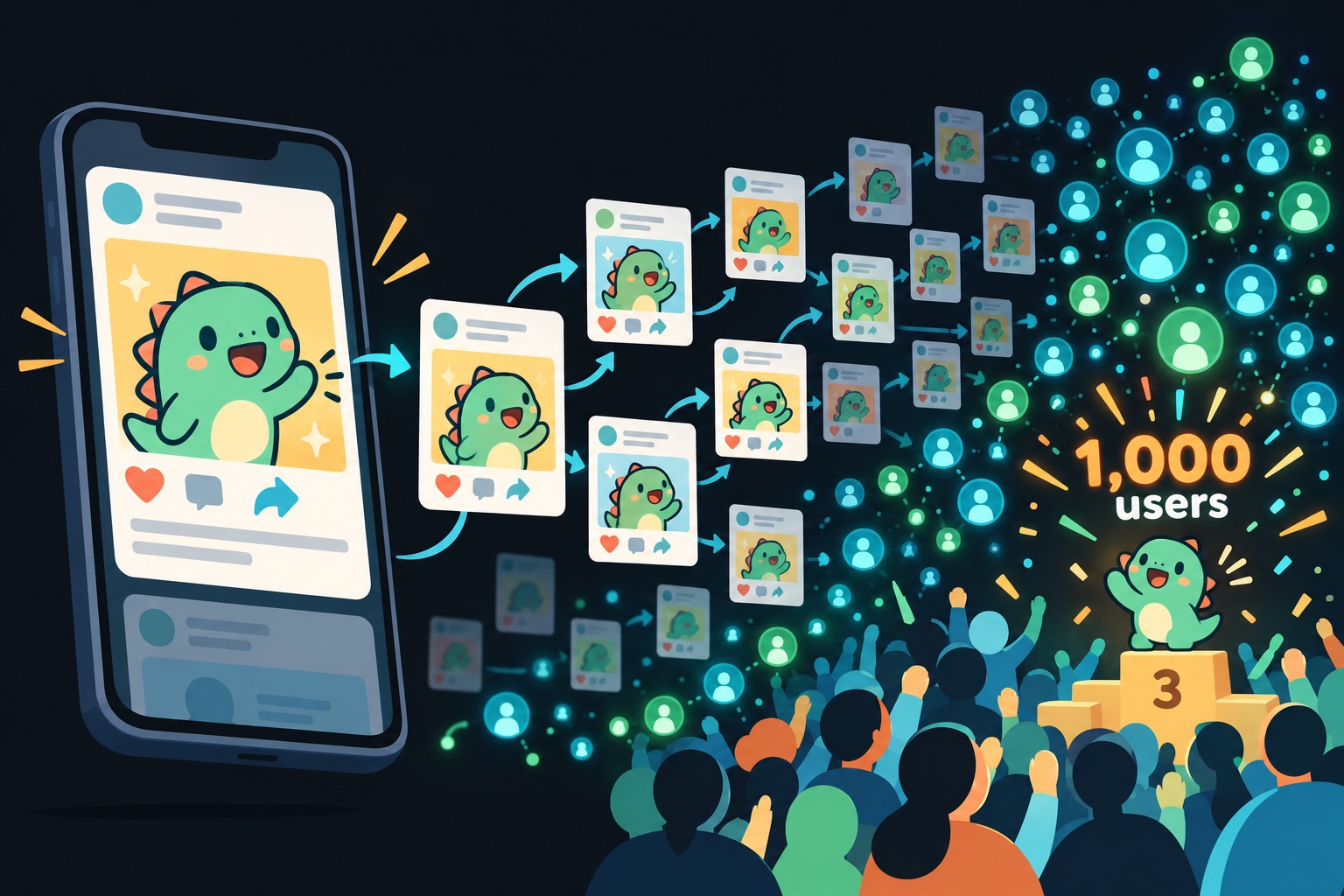 First users for a vibe-coded app: a cartoon dinosaur post shared from feed to feed until the mini app reaches 1,000 users and a top-3 ranking