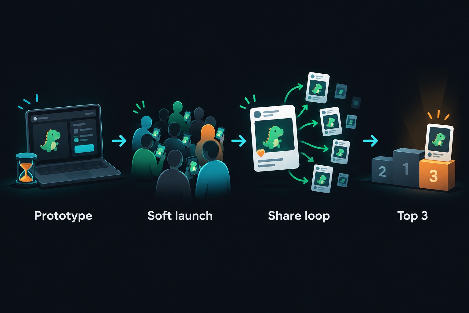 Timeline of how Cryptosaurus got its first users: a one-hour prototype, a soft launch with early testers, an in-feed share loop, and a top-3 store ranking
