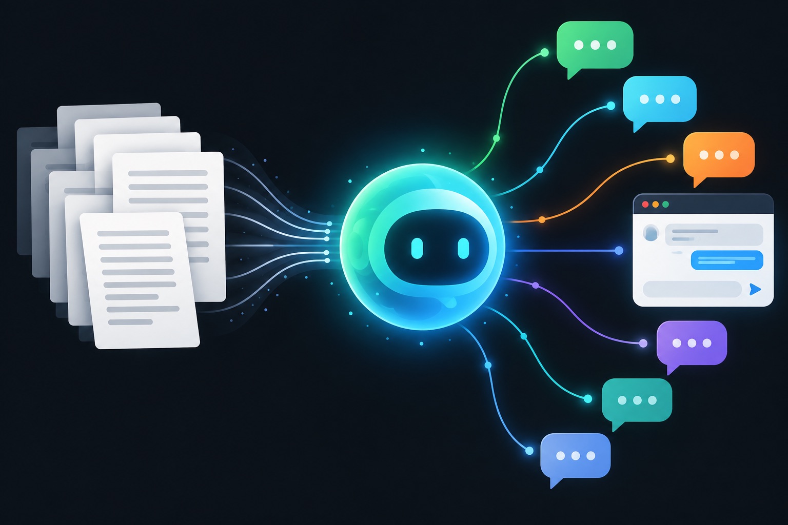Claude Code SaaS case study illustration: one central AI agent hub connected to seven generic chat channel bubbles and a website chat widget, fed by a stack of documents