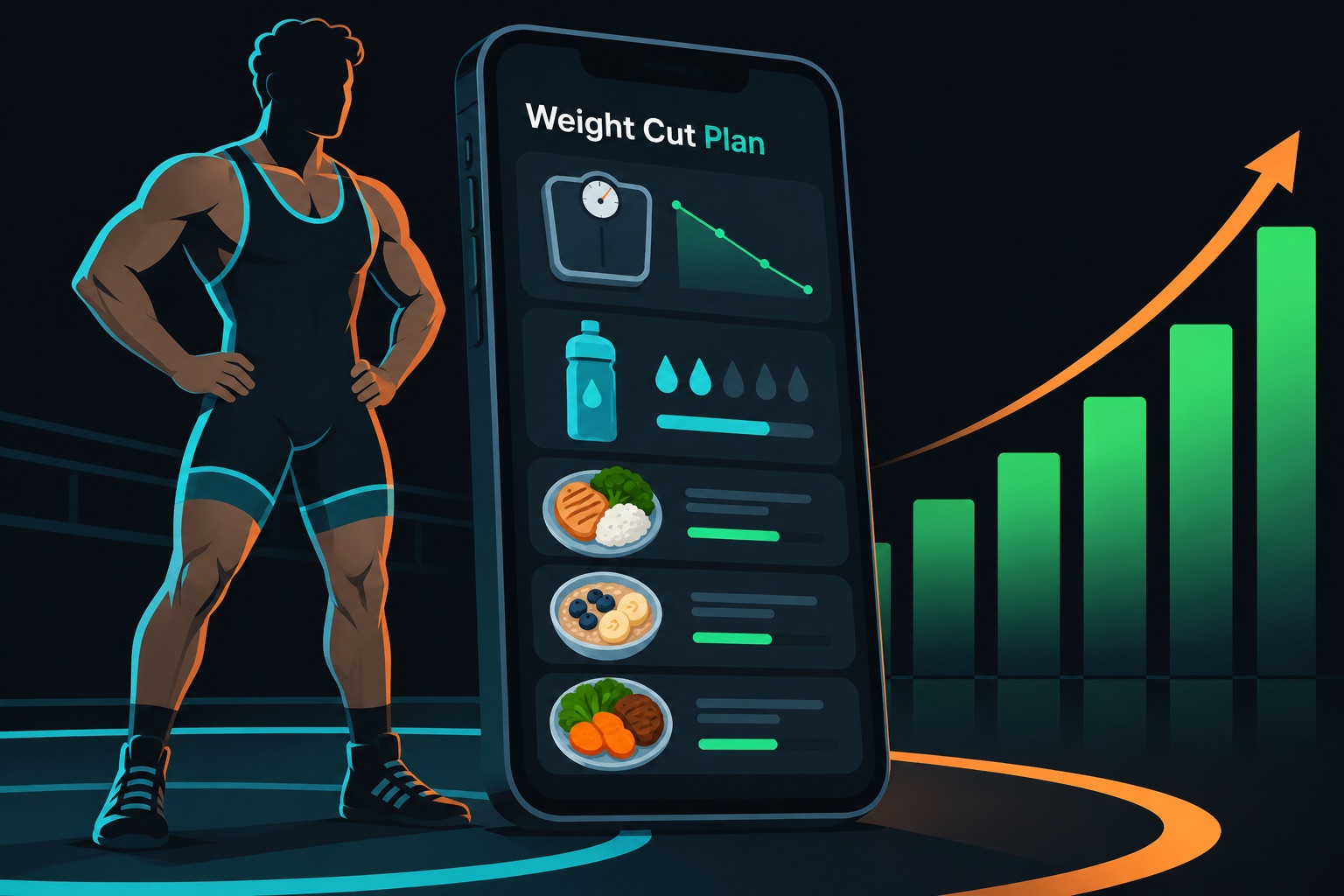 CutCoach app revenue illustration: a phone showing a weight-cut plan with a scale, water bottle and meal cards beside a faceless wrestler, with revenue bars rising behind