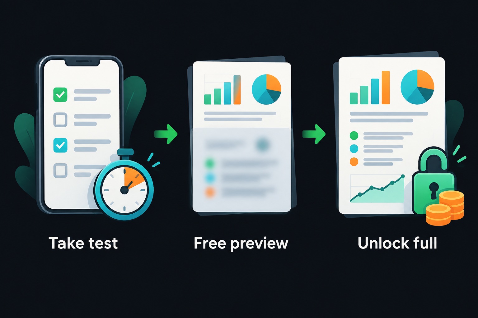 How the Deep Personality freemium funnel works: a 35 to 50 minute test, free full results with a 40 percent analysis preview, then a paid unlock of the rest