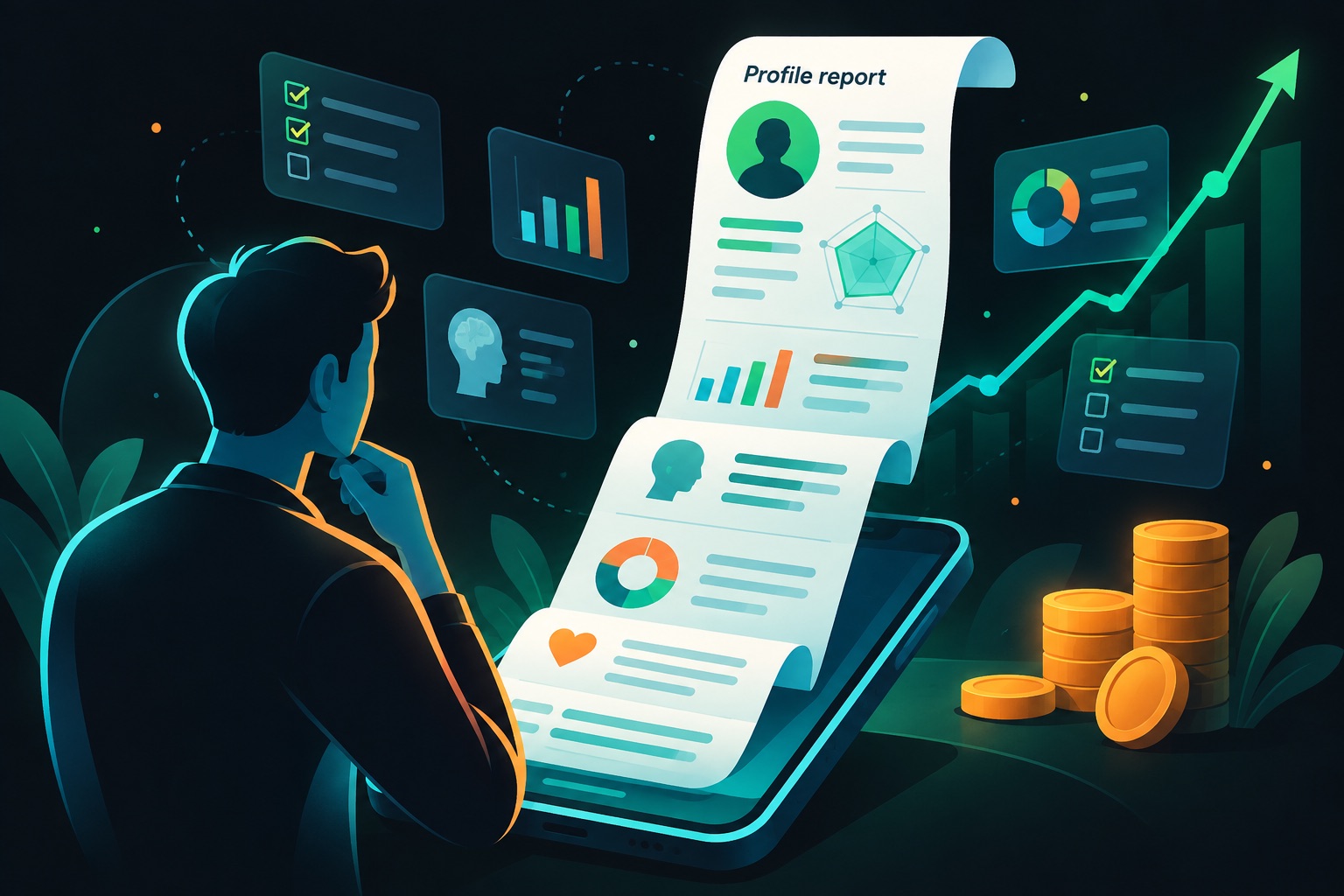 Vibe coded personality test app illustration: a long personal profile report unfolding from a phone, surrounded by questionnaire cards and a rising revenue line