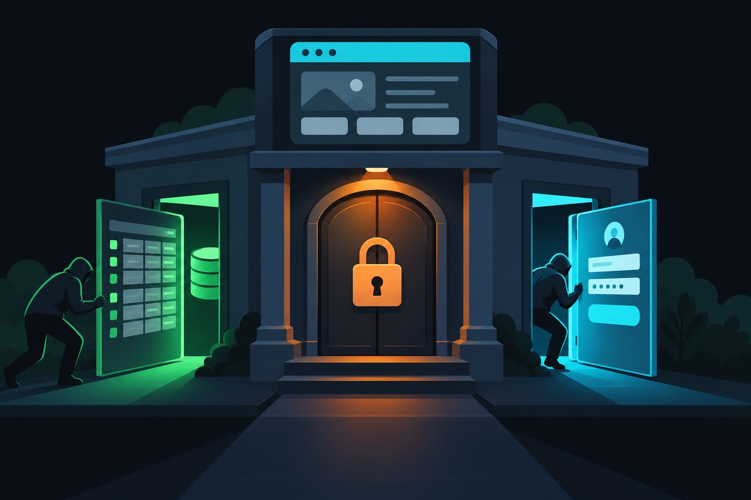 Supabase view bypasses RLS postmortem illustration: a directory app with a locked front door and two open side doors, one through a database view and one through a hidden sign-up endpoint
