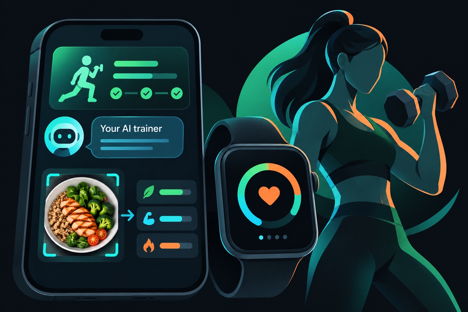 Vibe coded fitness app illustration: a phone and a smartwatch showing an AI workout plan, a chat trainer bubble and a food photo being turned into macro numbers, beside a faceless figure lifting a dumbbell