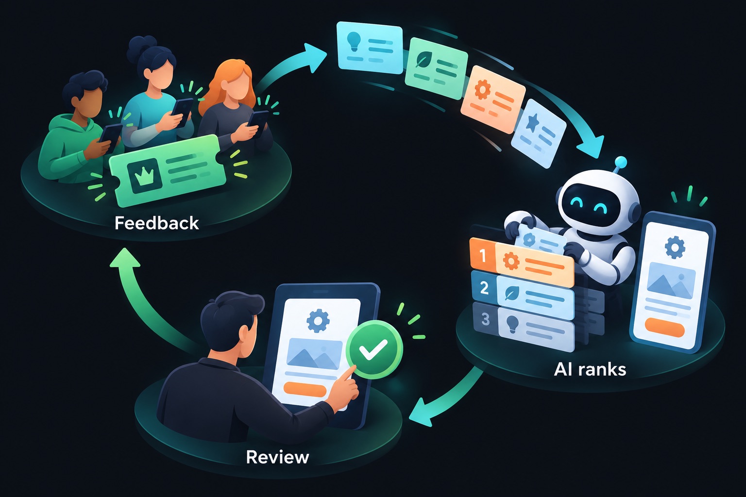 How FitWit AI turns tester feedback into features: testers get free access, each sends one feature request, an AI ranks the requests and builds the top ones, and the maker reviews before shipping