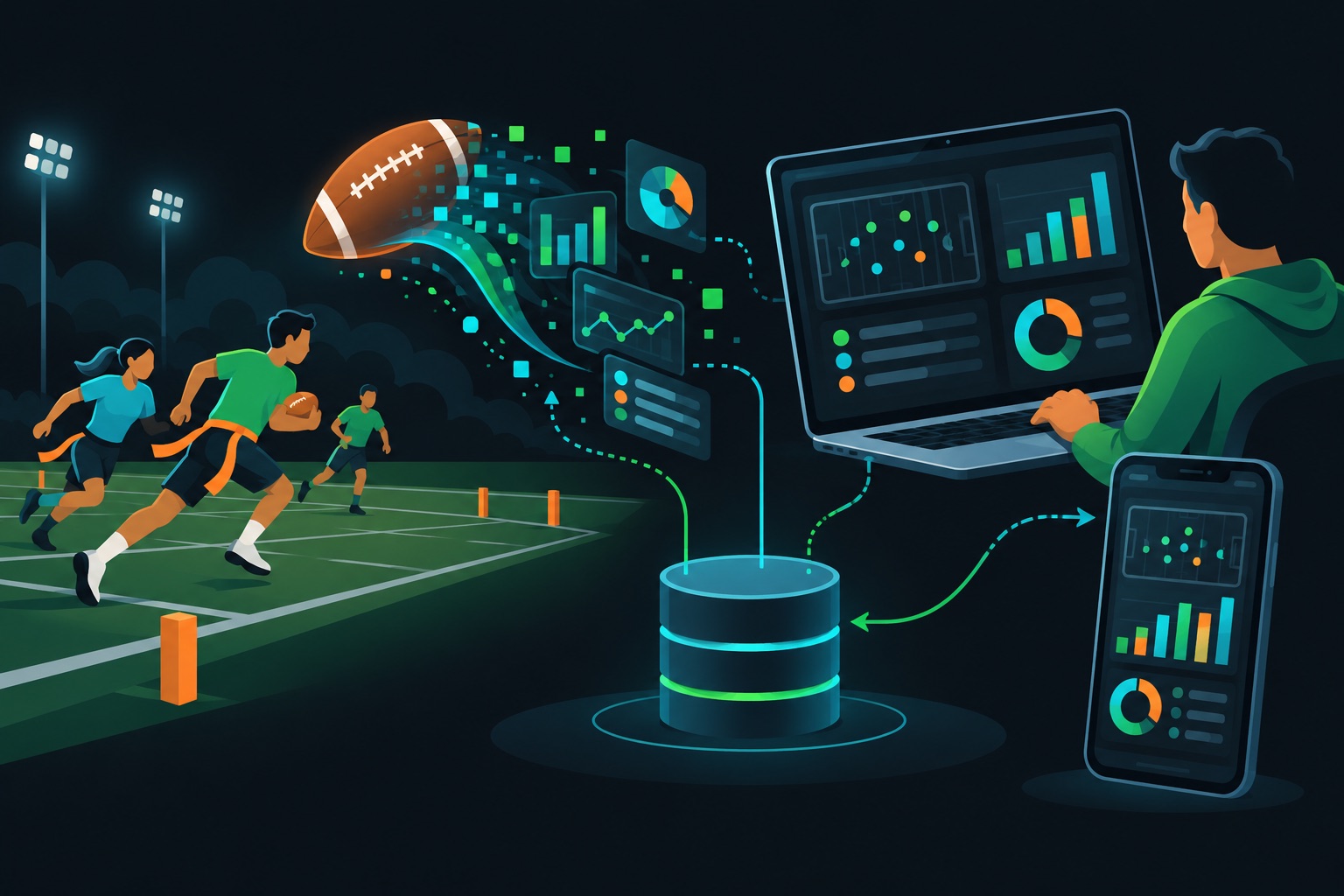 FlagStat Bolt.new build illustration: a flag football field turning into a scoreboard and stats dashboard on a laptop and a phone