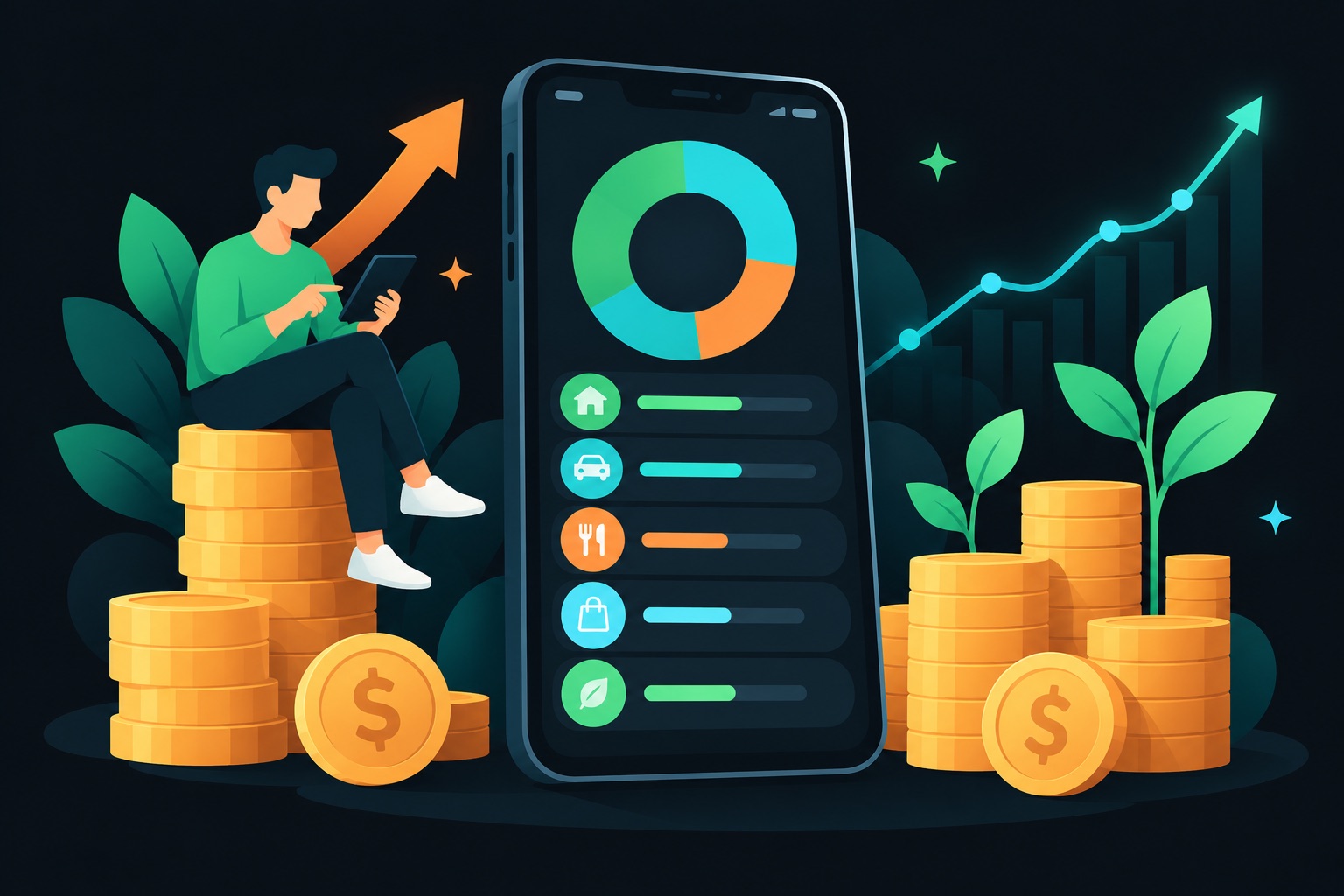 Flowfy Rork case study illustration: a pastel budgeting app on a phone with expense categories, a savings chart and coins adding up to $22K
