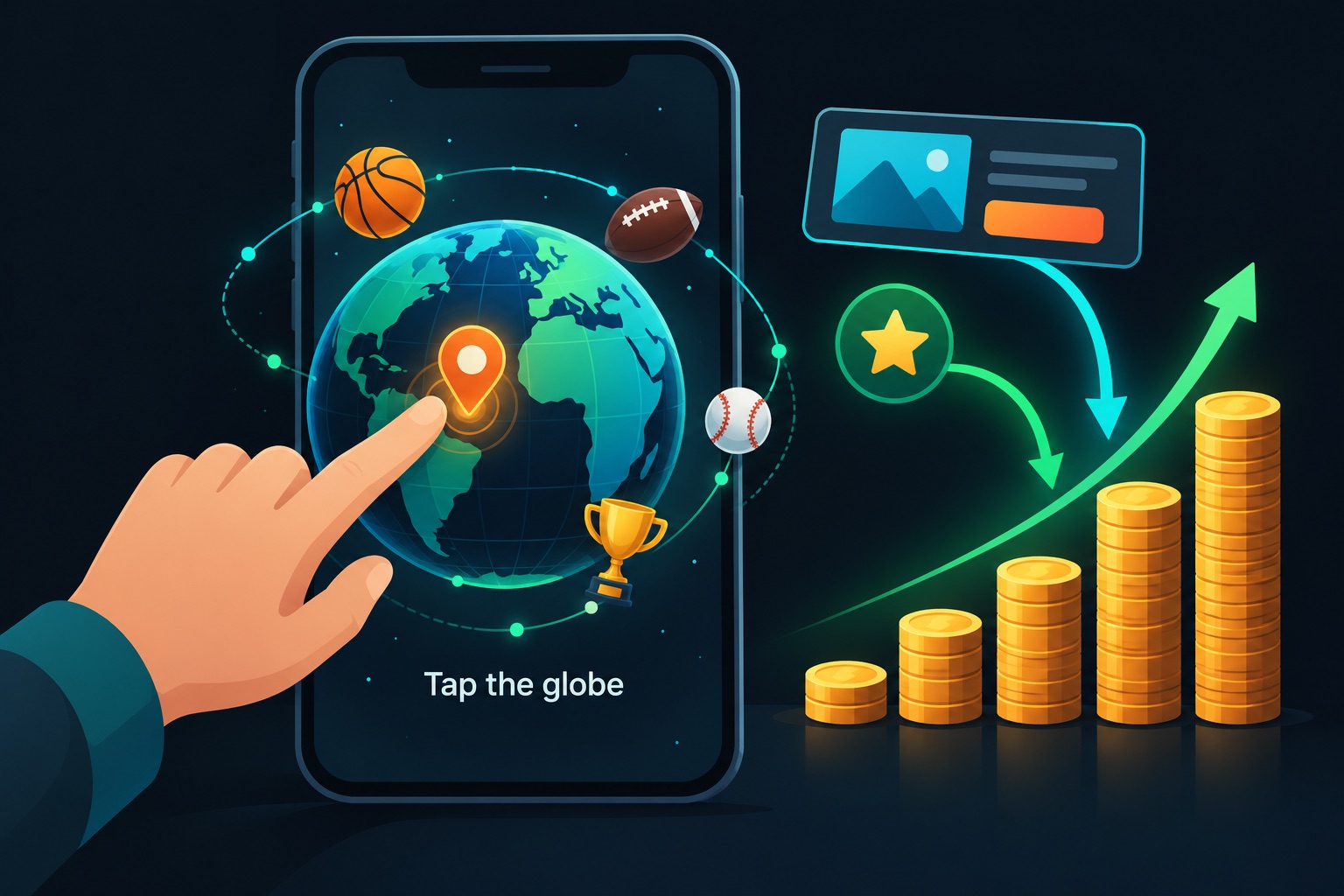 Non-developer vibe coding success story illustration: a phone showing a globe with a tapped location pin and sports icons, with ad and subscription revenue rising beside it