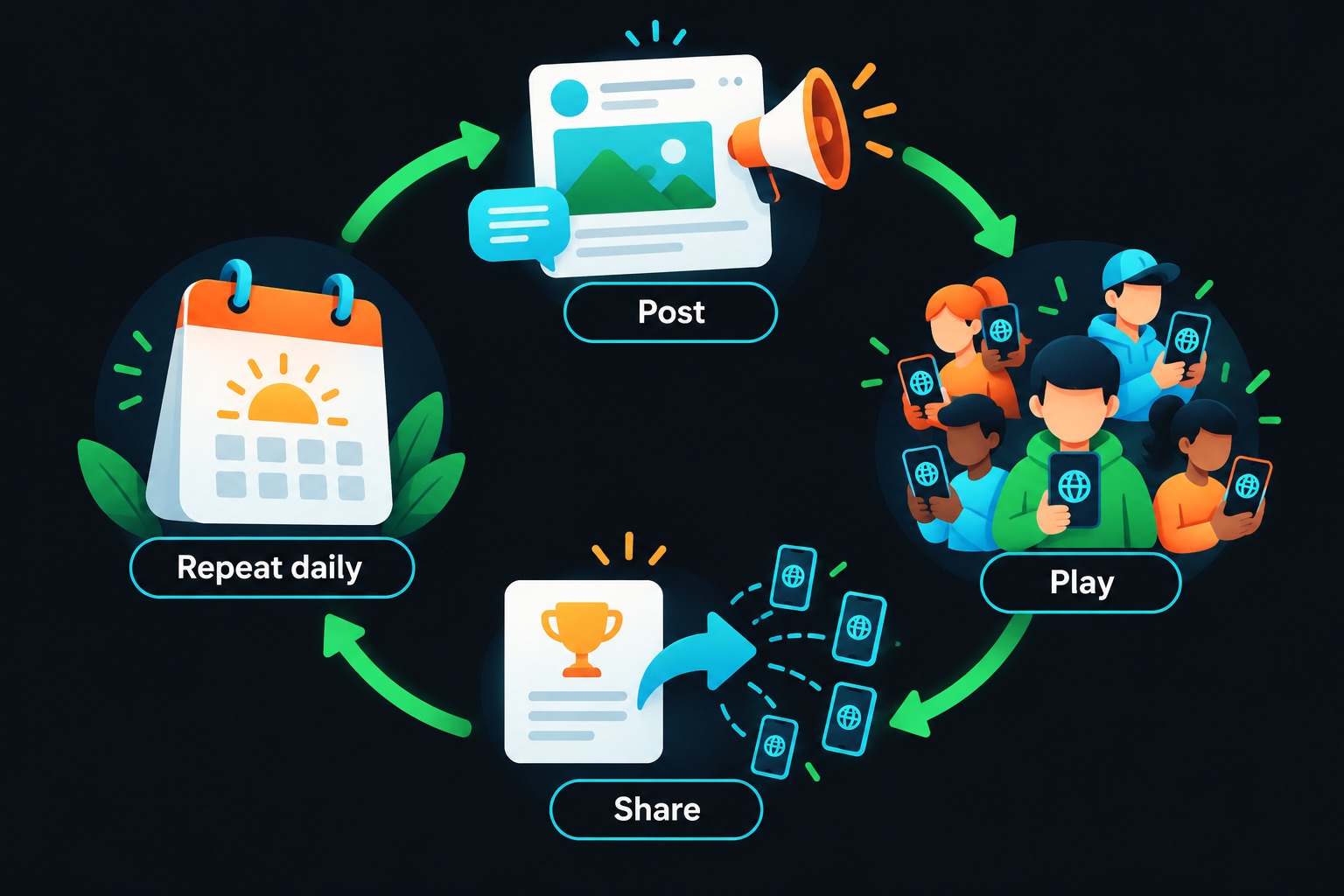 Non-developer vibe coding success story diagram: a post brings players, players share their scores, and a new daily game starts the loop again