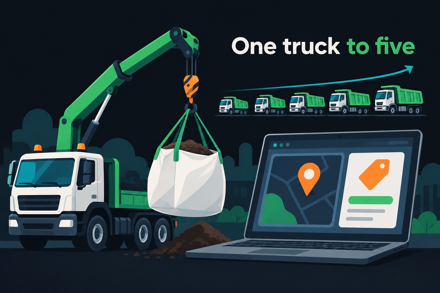 Built with Lovable non-developer case study illustration: a crane truck lowering a big bag of soil next to a laptop showing a map pin and price tag, with a fleet growing from one truck to five