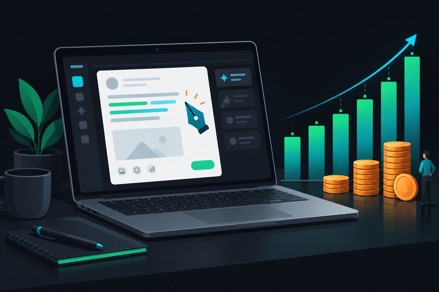 Kleo LinkedIn AI revenue illustration: a laptop showing a drafted social post beside a rising monthly revenue chart and a stack of coins marking $62K MRR