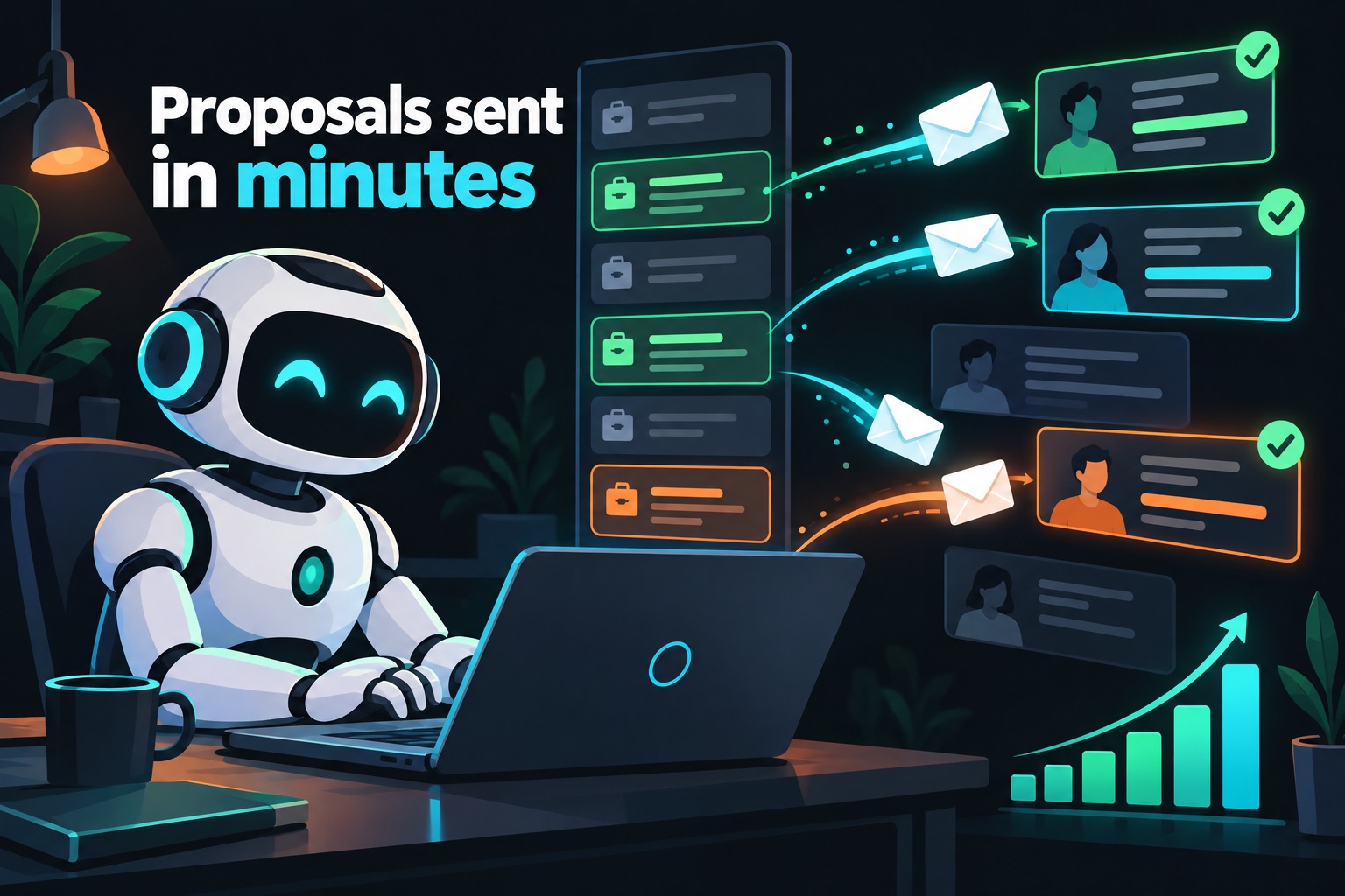 Lancer Upwork AI agent illustration: a robot agent at a laptop scanning freelance job cards and sending tailored proposals, with a rising monthly revenue chart
