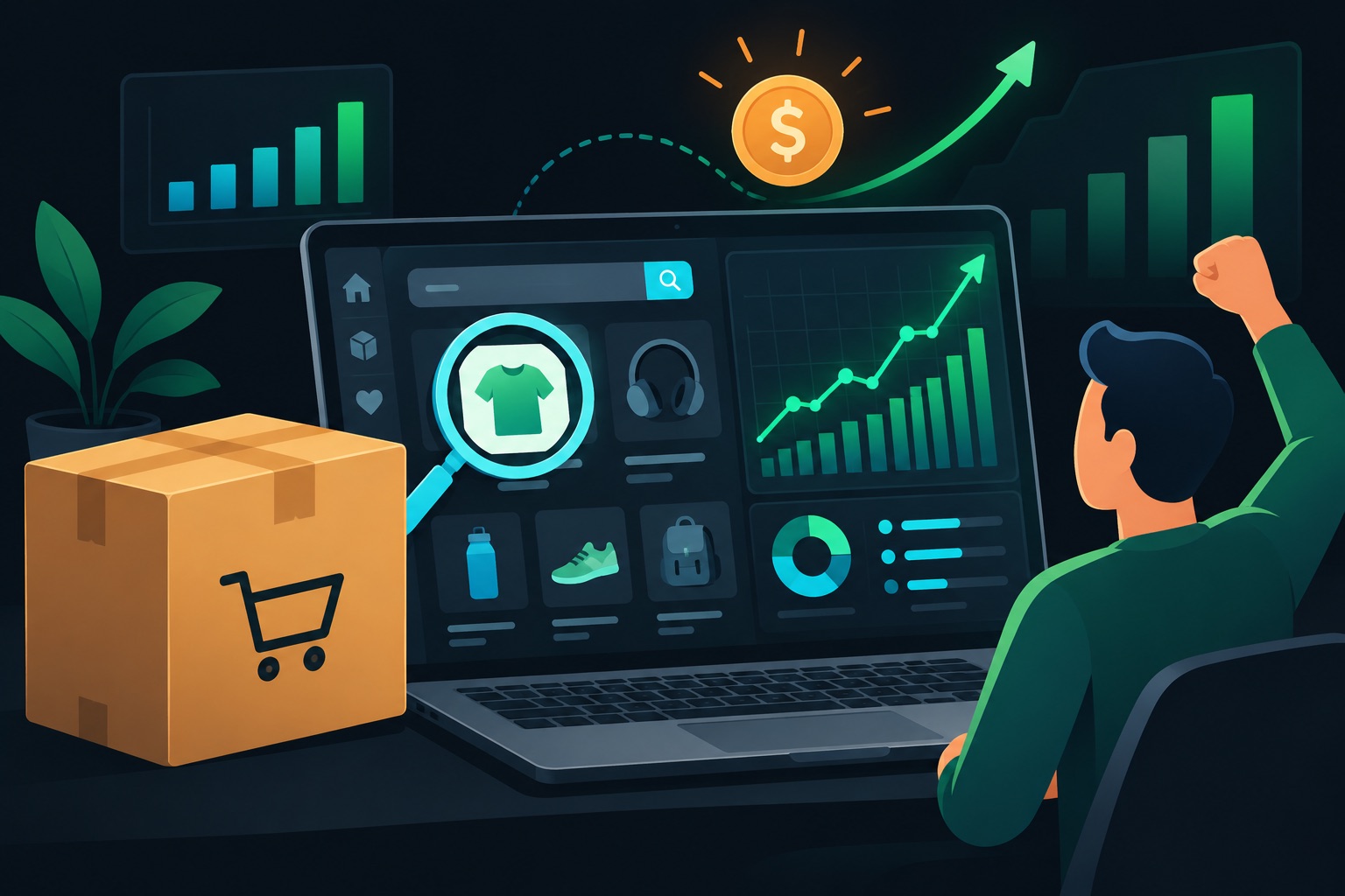 Launch Fast Amazon tool revenue illustration: a shipping box and a product research dashboard on a laptop next to a rising chart reaching $30K MRR