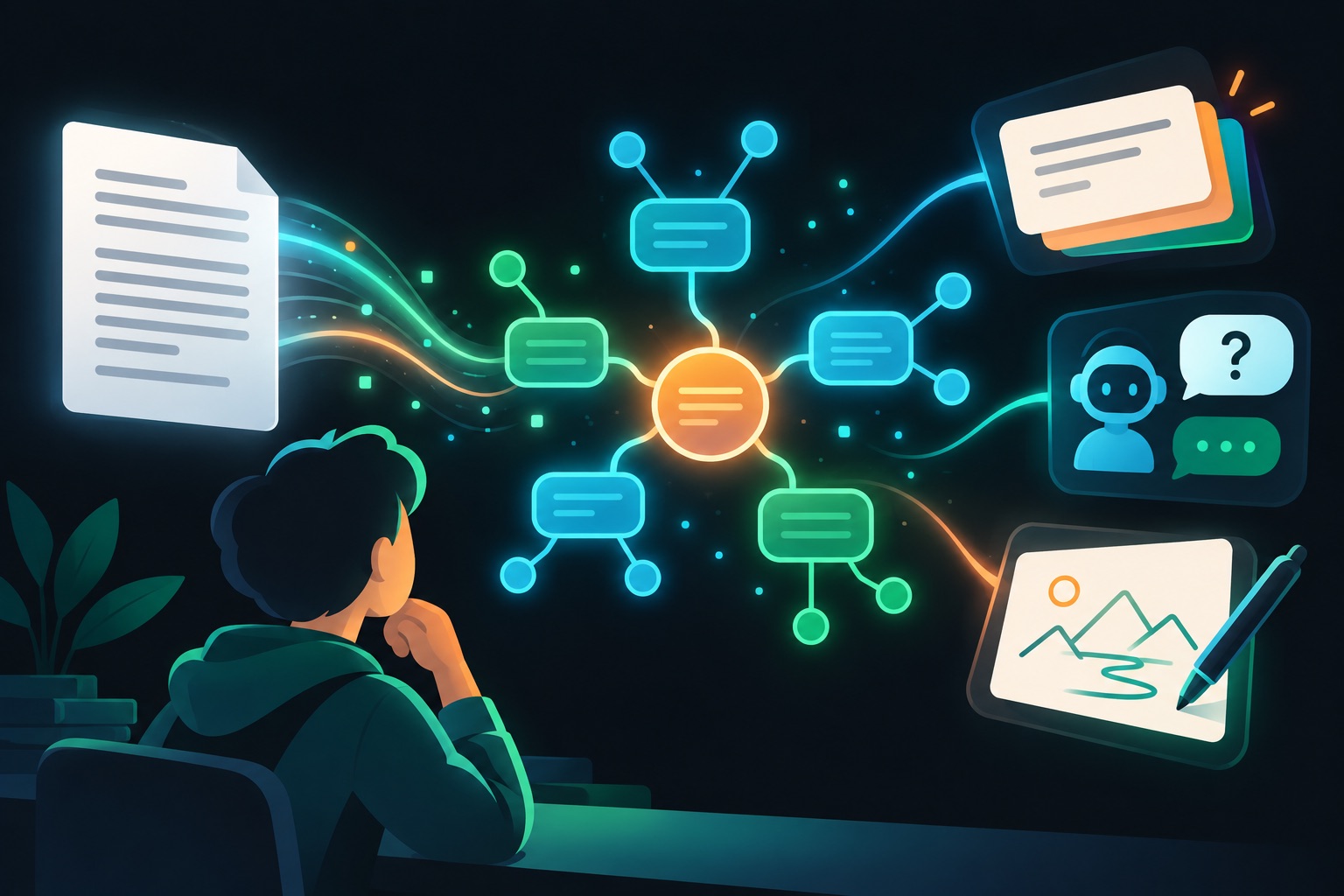 Built with Lovable case study illustration: a document turning into a glowing blueprint map of connected concepts, surrounded by flashcards, a tutor chat bubble and a practice canvas