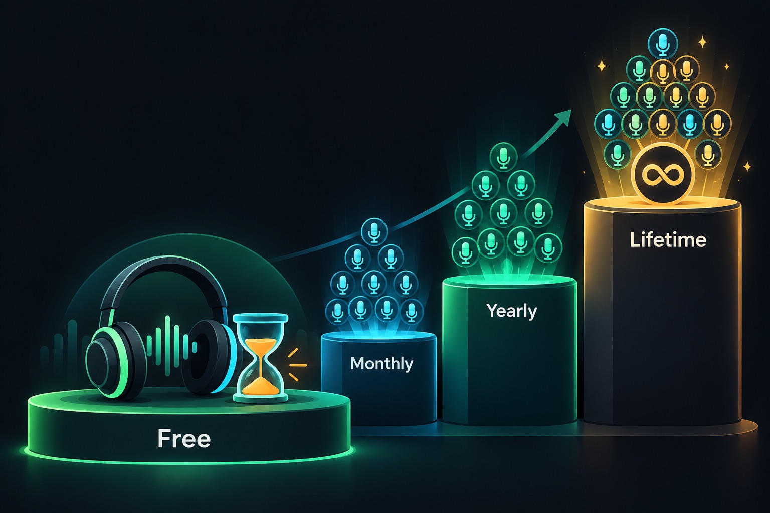 How LoudReader's freemium ladder works: a free tier with unlimited listening and every voice for the first eight hours, then monthly, yearly and lifetime premium tiers that unlock all narrators