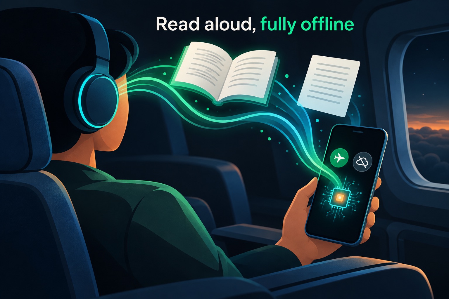 Vibe coded text to speech app illustration: a phone in airplane mode reading an open book aloud as sound waves, with the voice generated on the device and no cloud connection