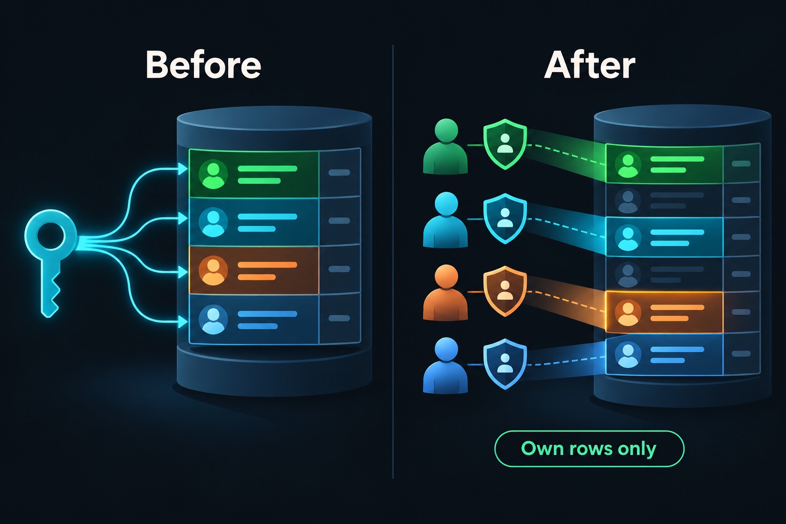 Lovable tax app security check: before, the public key reads every user's income rows; after Row Level Security, each user sees only their own rows