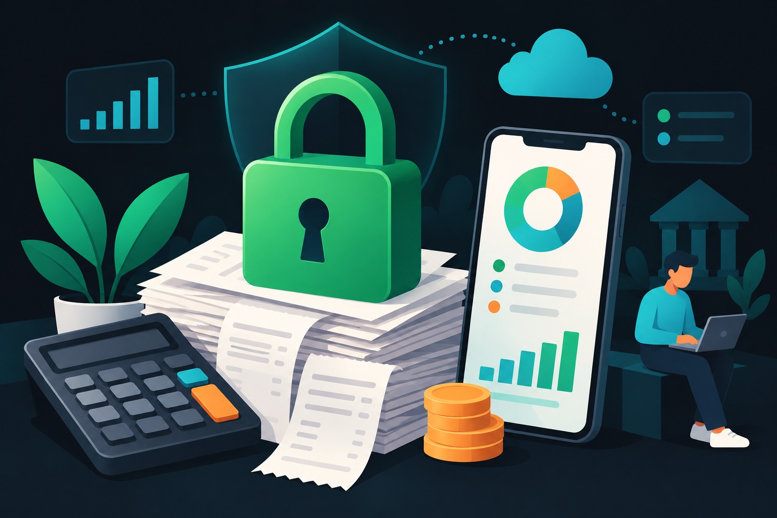 Lovable tax app security illustration: a padlock guarding a stack of receipts, tax forms and a calculator beside a phone showing a finance dashboard