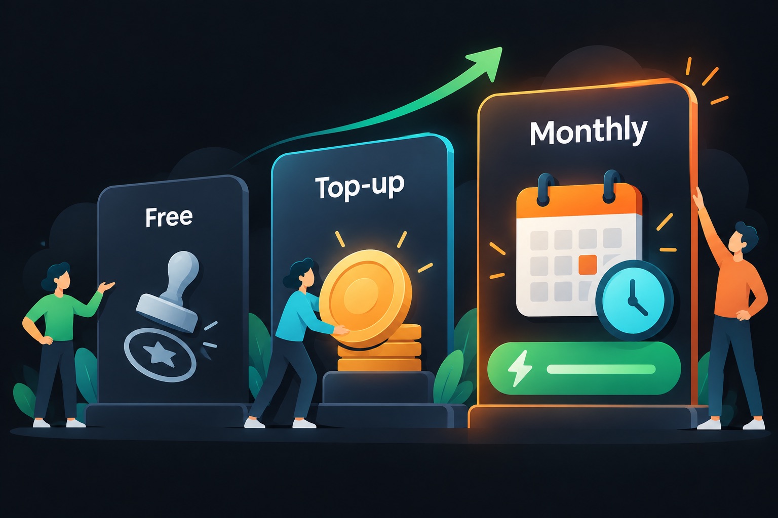Lunair pricing tiers compared: free seconds with a watermark, a one-time Top-Up at $1.29 per second, and a Monthly plan at $0.99 per second with no watermark