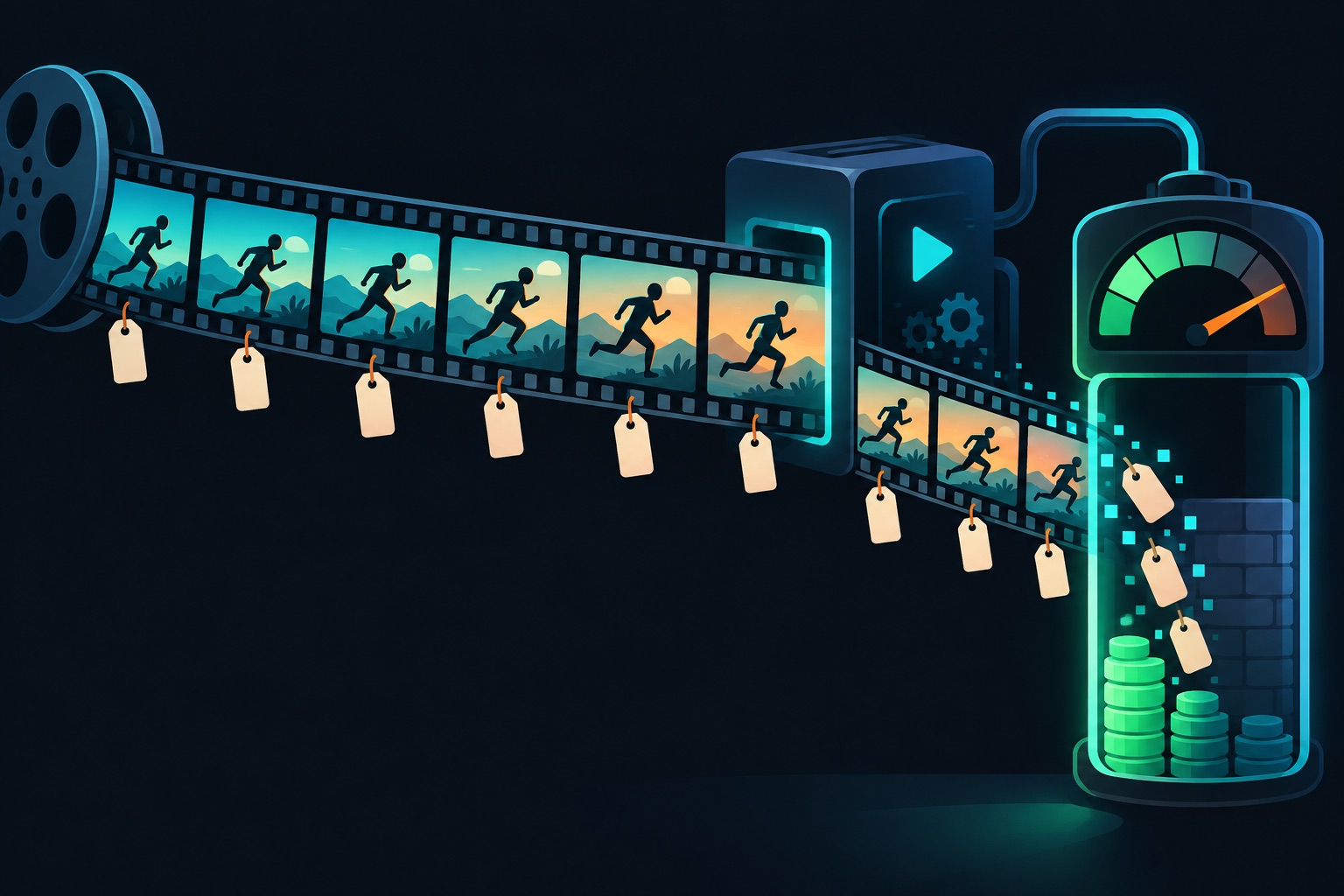 Lunair pricing illustration: a video timeline cut into one-second pieces, each with a small price tag, flowing into a prepaid balance meter