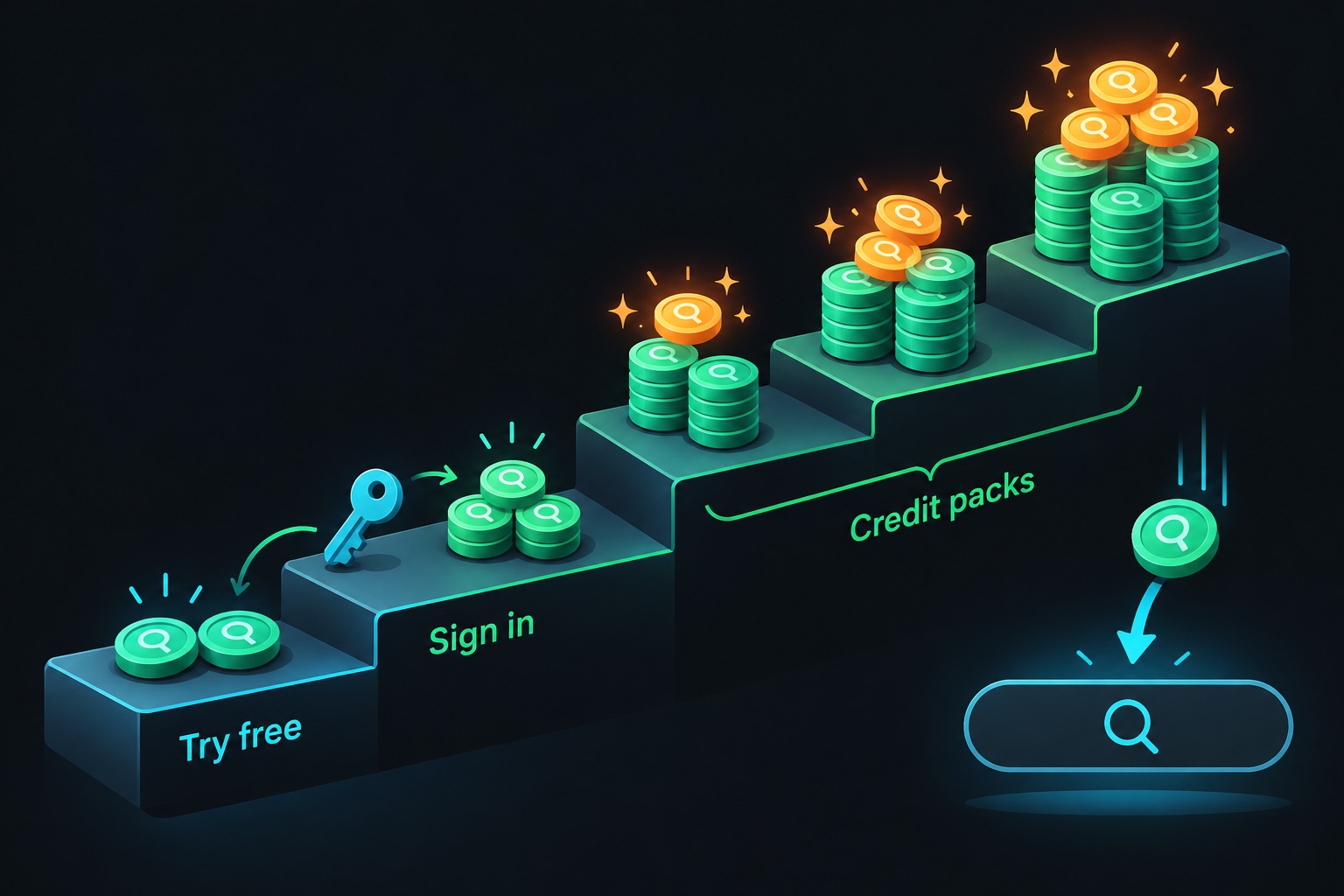 How MoatRadar's credit pricing works: two free anonymous searches, three more credits after Google sign-in, then paid credit packs where one credit buys one AI search and bigger packs add bonus credits