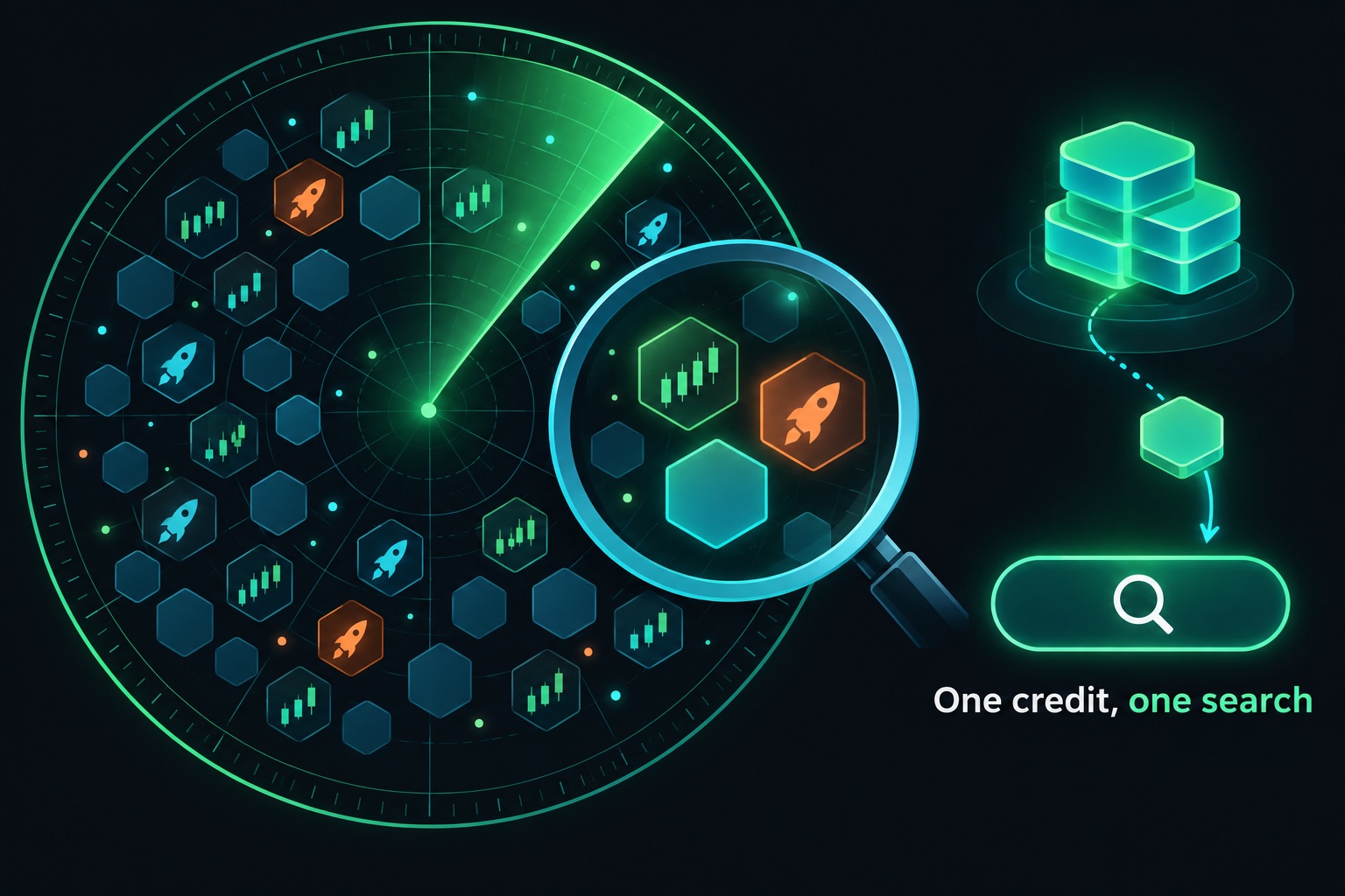Vibe coded AI app pricing credits illustration: a radar screen scanning abstract stock, startup and crypto tiles through an investor-lens filter, with credit tokens feeding a search button
