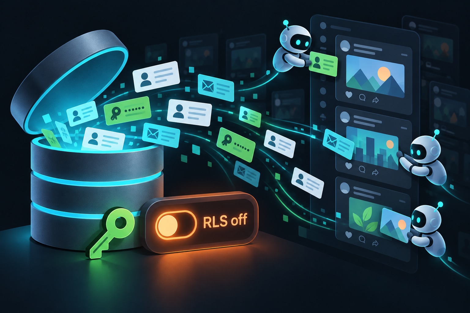 Moltbook security illustration: an open database spilling token and email cards next to a public key and a Row Level Security switch turned off, with AI agents posting on a feed