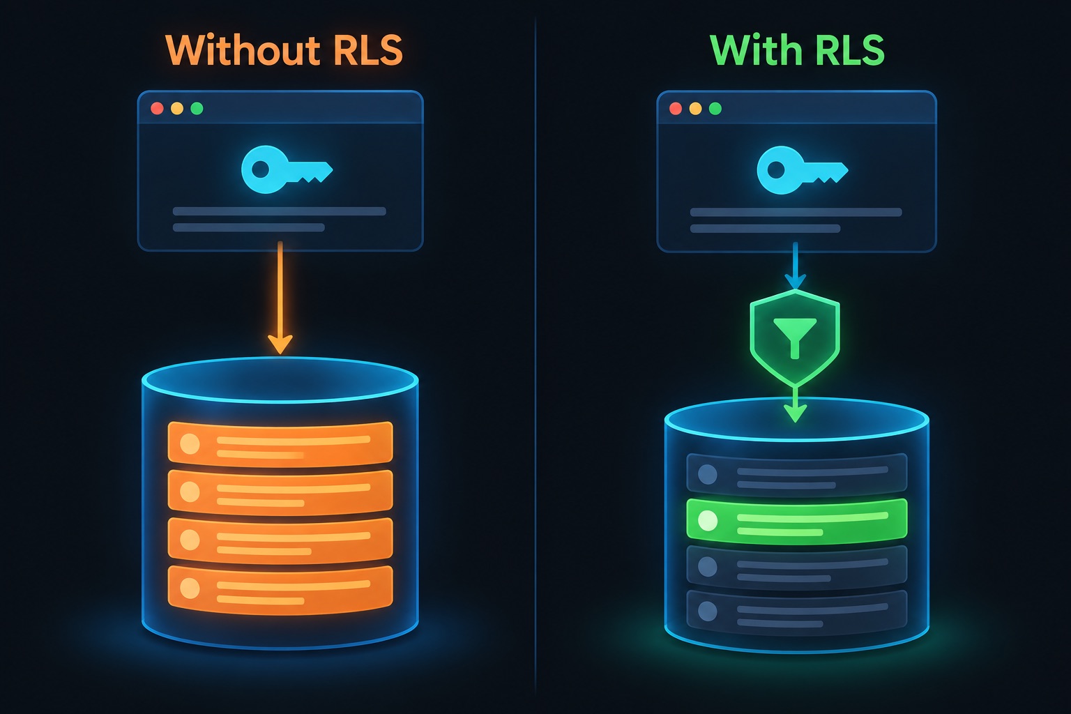 What a public Supabase key can reach: without RLS every row is exposed, with RLS a policy gate lets through only the rows the user owns
