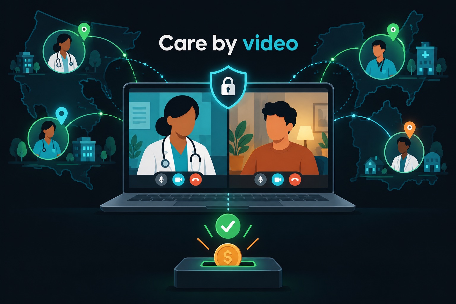 Built with Bolt.new telehealth app illustration: a laptop video consultation between a faceless provider and a faceless patient, linked to providers across a map, with a small commission coin on each completed session