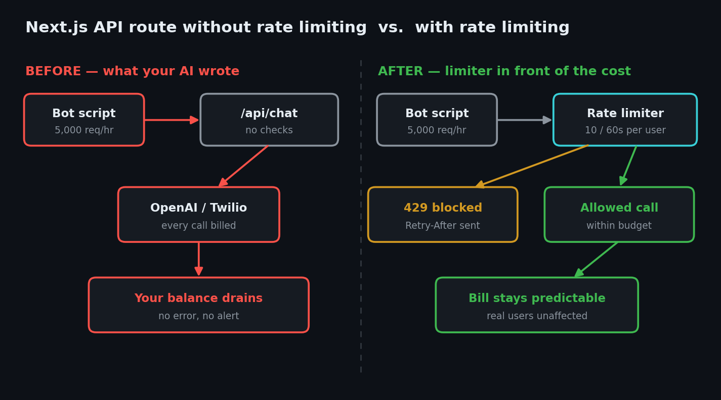 Diagram comparing a Next.js API route without rate limiting, where a bot script sends thousands of requests straight to a paid AI provider, against a rate-limited route that returns 429 Too Many Requests