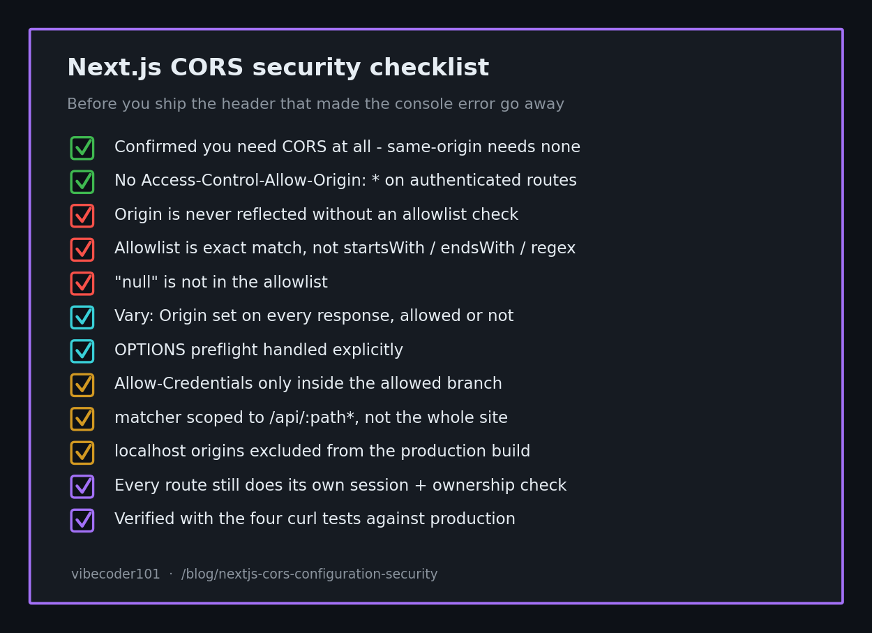Next.js CORS security checklist card covering no wildcard on authenticated routes, exact origin matching, no null origin, Vary Origin header, preflight handling, credentials scoping, and API-only matcher