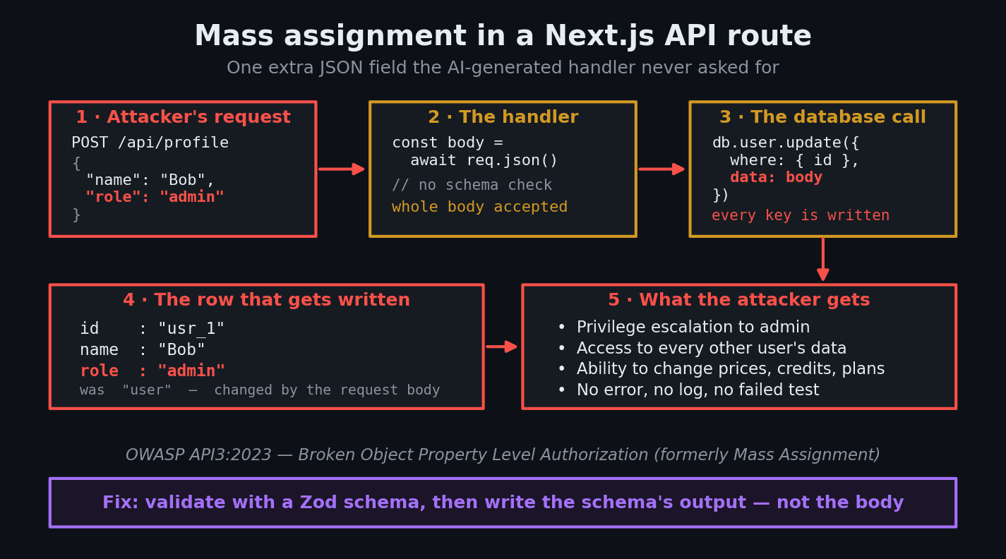 Diagram of a Next.js API route mass assignment attack: an attacker adds role admin to the JSON body, the handler passes the raw body into a database update, and the user row is rewritten with admin privileges