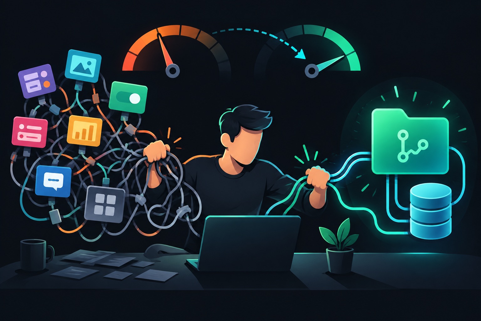 Non-developer vibe coded SaaS illustration: a faceless founder at a desk swapping a tangle of seven no-code service blocks for a single clean code repository, with a falling monthly cost meter