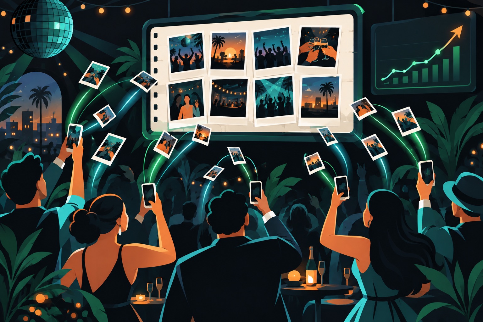 Once disposable camera app illustration: wedding guests holding phones that feed one shared album, with photos waiting to reveal and a revenue line climbing to $22K a month