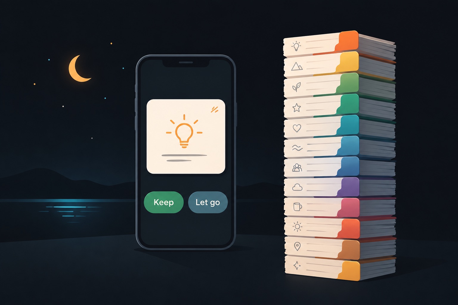 Built with Claude Code iOS app illustration: a calm phone screen showing a single idea card with keep and let go buttons, beside a stack of hundreds of written idea cards